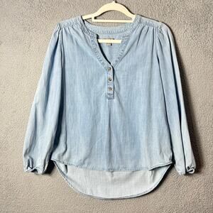 Falls Creek Tunic Top Womens M Blue Chambray‎ Long Sleeve Button Front